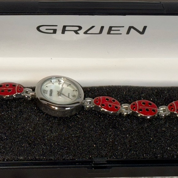 Gruen Red and Gold Enamel Lady Bug Watch Bracelet - Picture 2 of 14